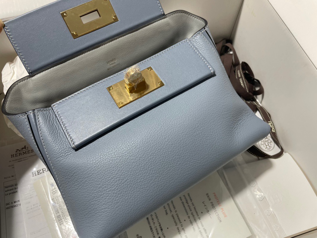 Hermes Kelly 2424 29cm Handbag in Blue Lin Clemence Leather 